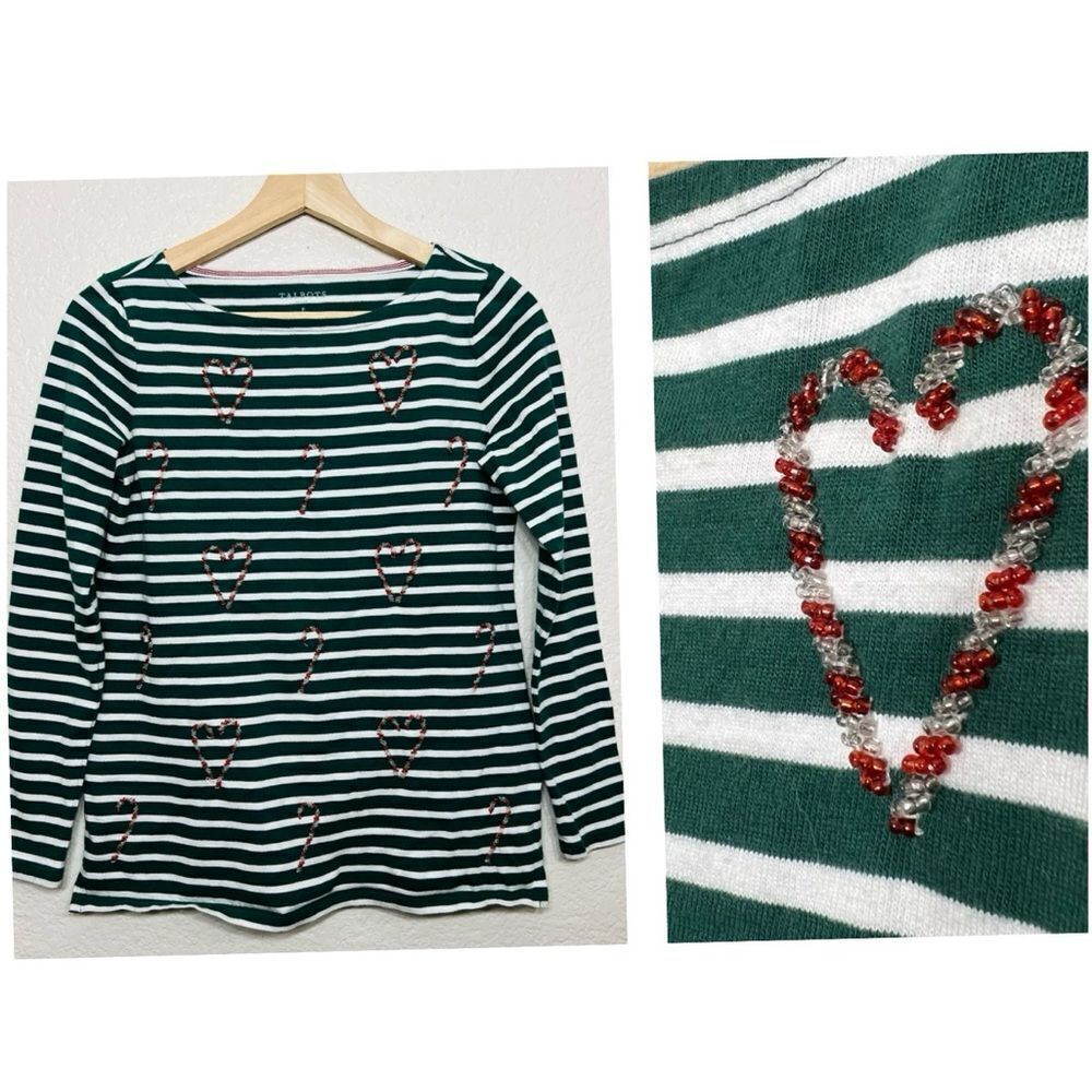 TALBOTS BATEAU NECK TEE CANDY CANE HOLIDAY STRIPE GREEN SIZE SMALL PETITE